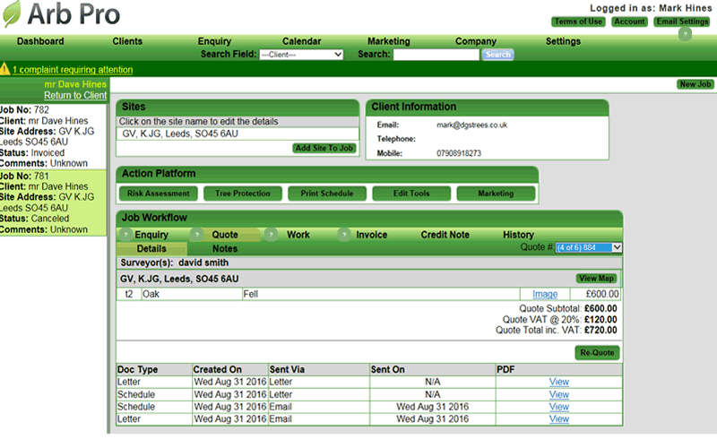 Arb Office quotes and invoices screen