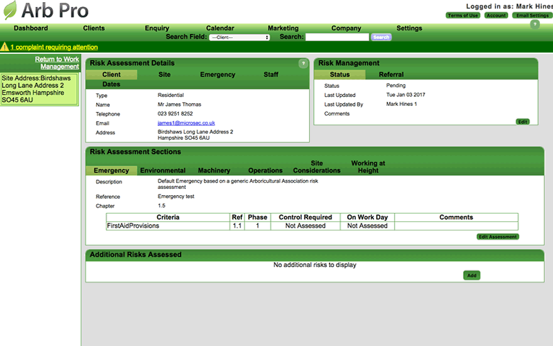 Arb Office risk assessments screen
